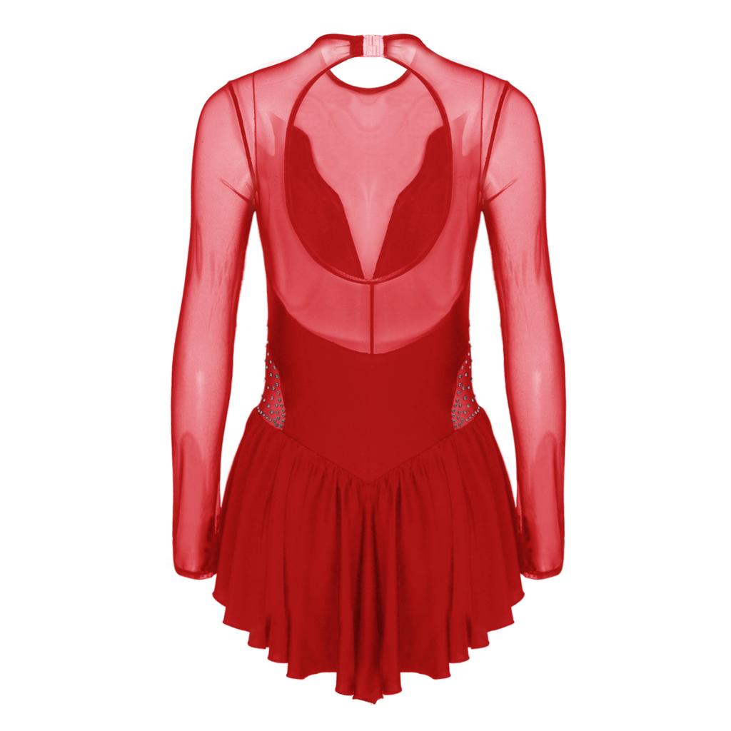 Женское модное платье для фигурного катания, сетчатое лоскутное платье с длинными рукавами и юбкой, купальник для бальных танцев, тренировочный танцевальный костюм