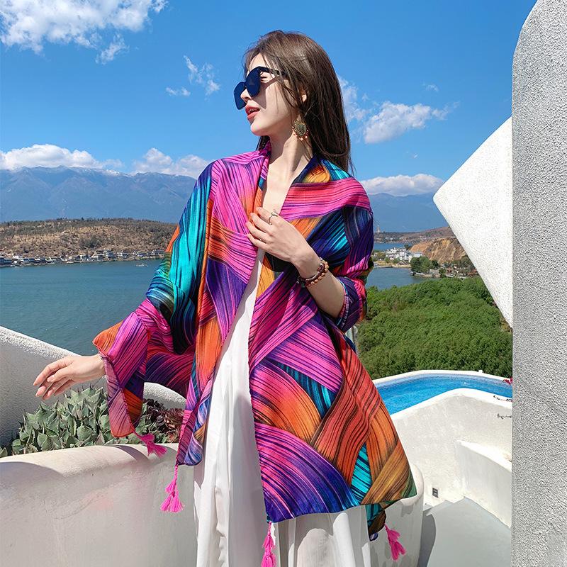 Summer cotton and linen feel scarf travel silk scarf sun protection air conditioner large shawl women's beach towel ethnic style scarf