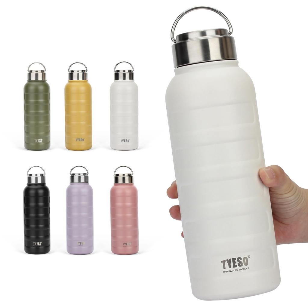 TYESO Vacuum Insulated Sports Water Bottle, Stainless Steel, Double-Walled, Wide Mouth, with Handle, 0.751 Liter (1000ml, White)