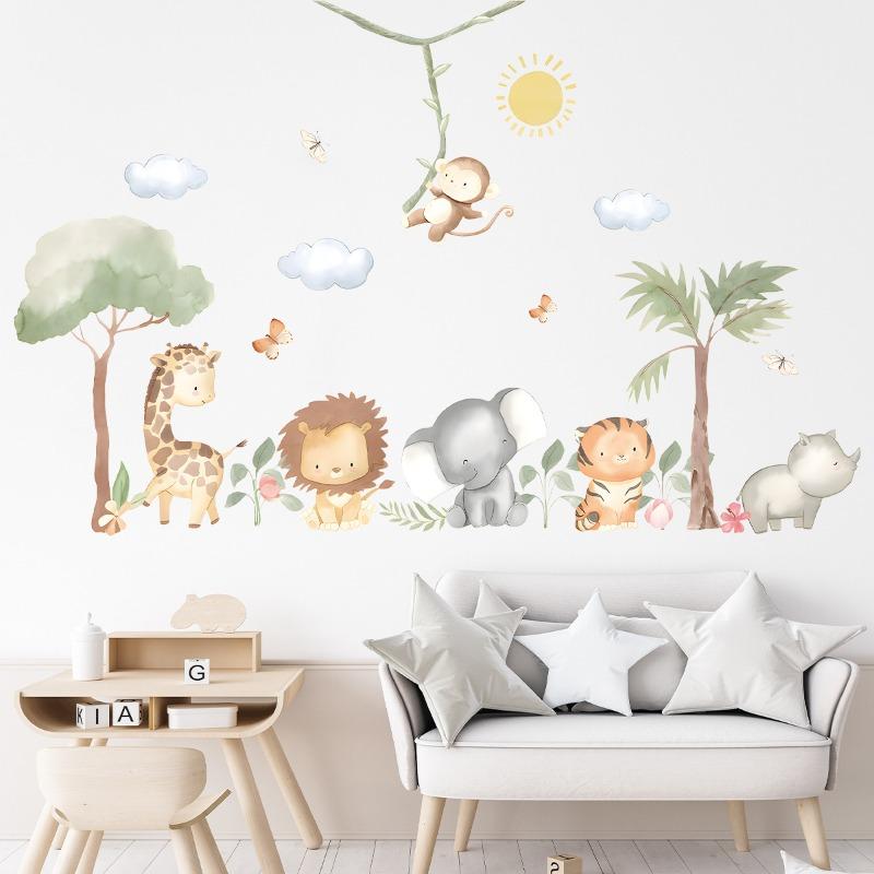 Cartoon Cute Lion Elephant Giraffe Tree Forest Animal Wall Stickers for Bedroom Living Room Nursery Decoration Wall Decals