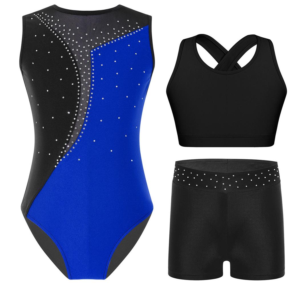 Girls Sleeveless Dance Set Shiny Rhinestone Contrast Color Gymnastics Leotard with Shorts and Top