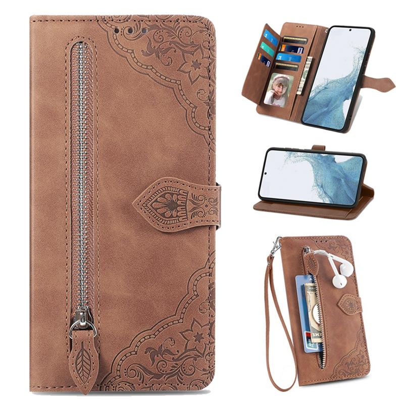 Embossed Totem Flower Phone Case for iPhone Samsung Xiaomi Huawei Honor Google OPPO Stand Holder Card Slots Zipper Wallet Cover with Hand Strap