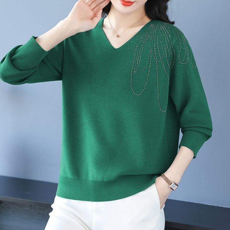 Spring Autumn Women's V-Neck Knitted Sweater Loose Solid Pullover Knitwear Thin Rhinestone Knit Top