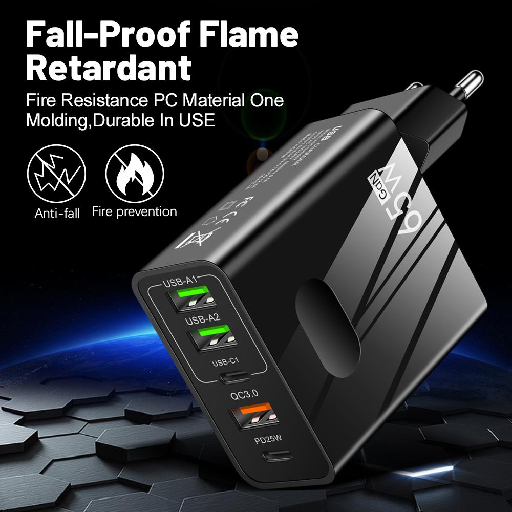 VAORLO Настенное зарядное устройство 5Porst QC3.0, поддержка быстрой зарядки, PD Charge, вилка ЕС, США, Великобритании, 65 Вт, 3,1 А, супер зарядка