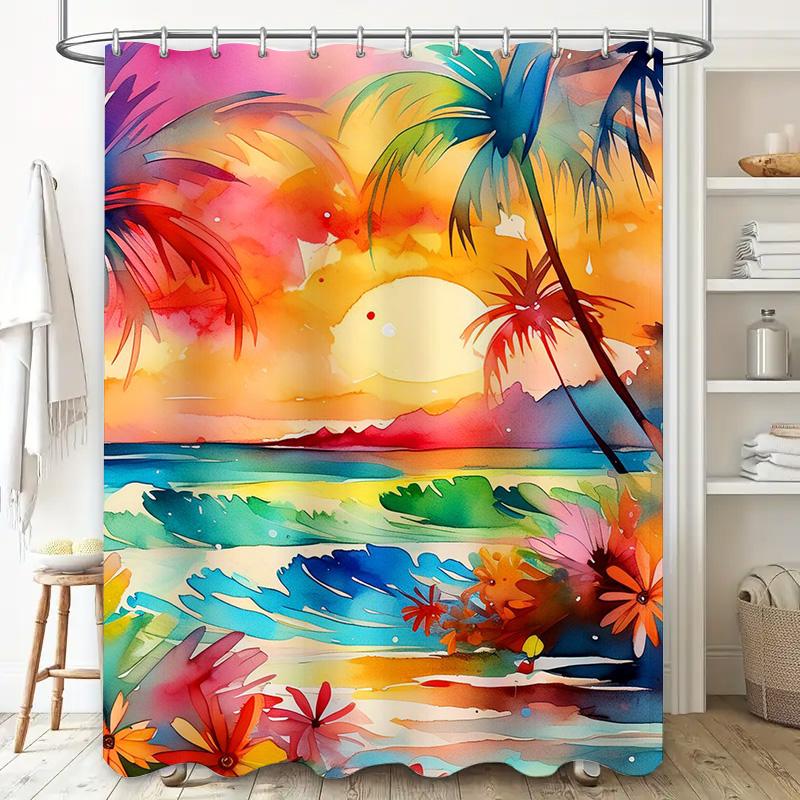 Sunset Palm Tree Beach Shower Curtain Modern Coastal Design For Bathroom Decorations