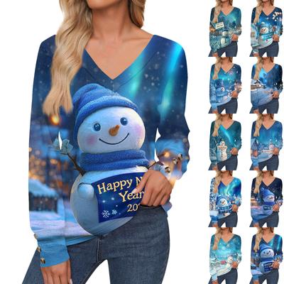 Женская мода повседневный свитер с длинным рукавом и V-образным вырезом с рождественским принтом