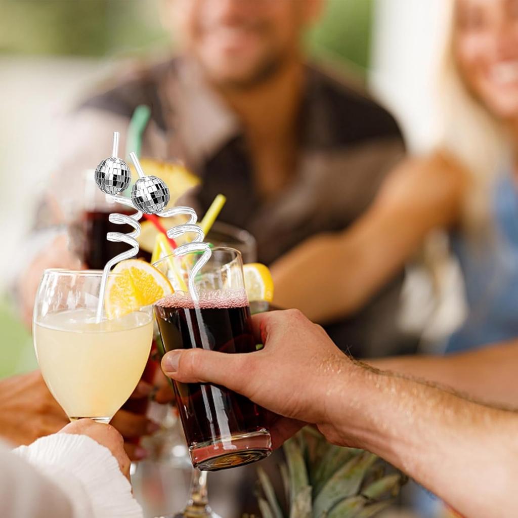 12 PCS Disco Ball Straws Disco Party Decorations Glitter Mirror Disco Ball Straws Plastic Straws 1970s Retro Disco Party Birthday Party Wedding Decor