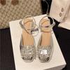 Mary Jane Shoes In the Summer of 2024, the New Square Buckle Thick Heel Rhinestone Bag Head Low Heel Sandals, and the Back Empty One-word Strap Single