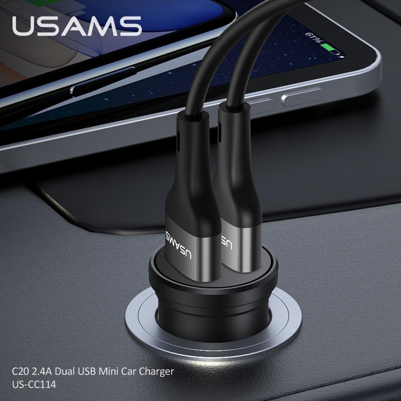 USAMS 2.4A 5V Dual USB Автомобильное зарядное устройство USB 2 порта Адаптер прикуривателя Зарядное устройство Мини-адаптер питания для смартфонов IPhone IPad Huawei Samsung Xiaomi