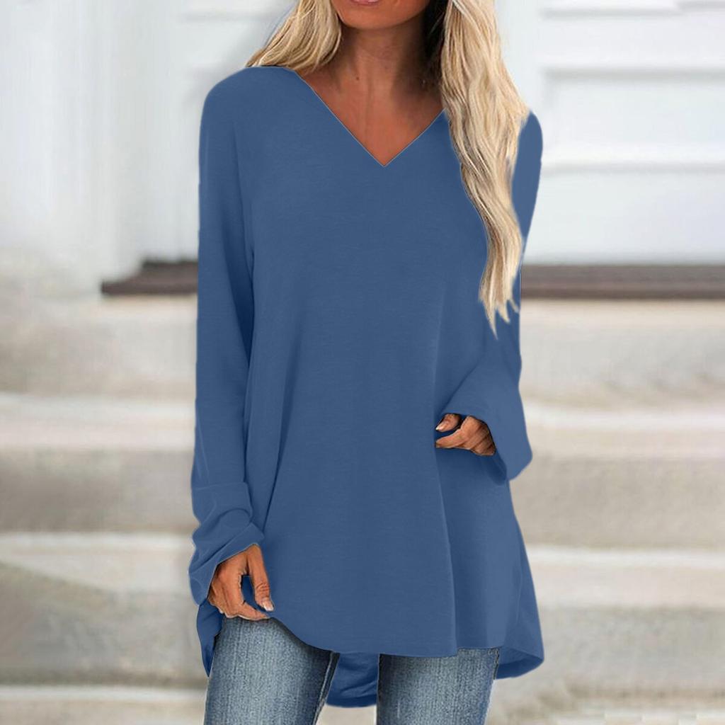 Women's Fashion Casual T-shirt Solid Color Long Sleeve V-neck Medium Long Top