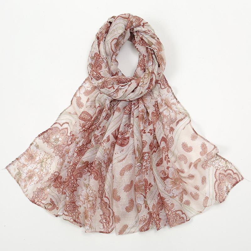 Spring and Autumn New Plant Flower Printing Versatile Bali Yarn Cotton and Linen Feel Scarf Elegant Sunscreen Shawl Women