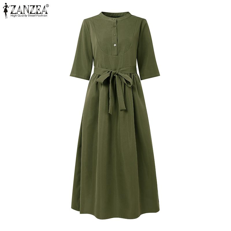 ZANZEA Women Casual Round Neck Loose Half Sleeve Dress