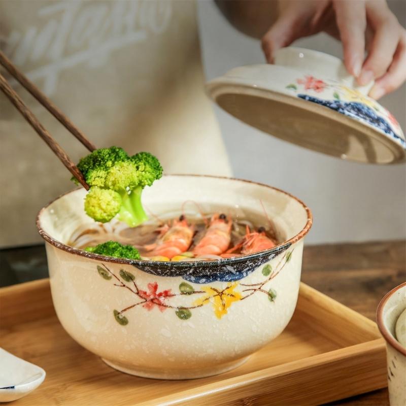 Керамическая миска для рамена с крышкой, безопасная для микроволновой печи, для предотвращения проливания, контейнер для подачи супа и лапши, для дома, ресторана, кухни