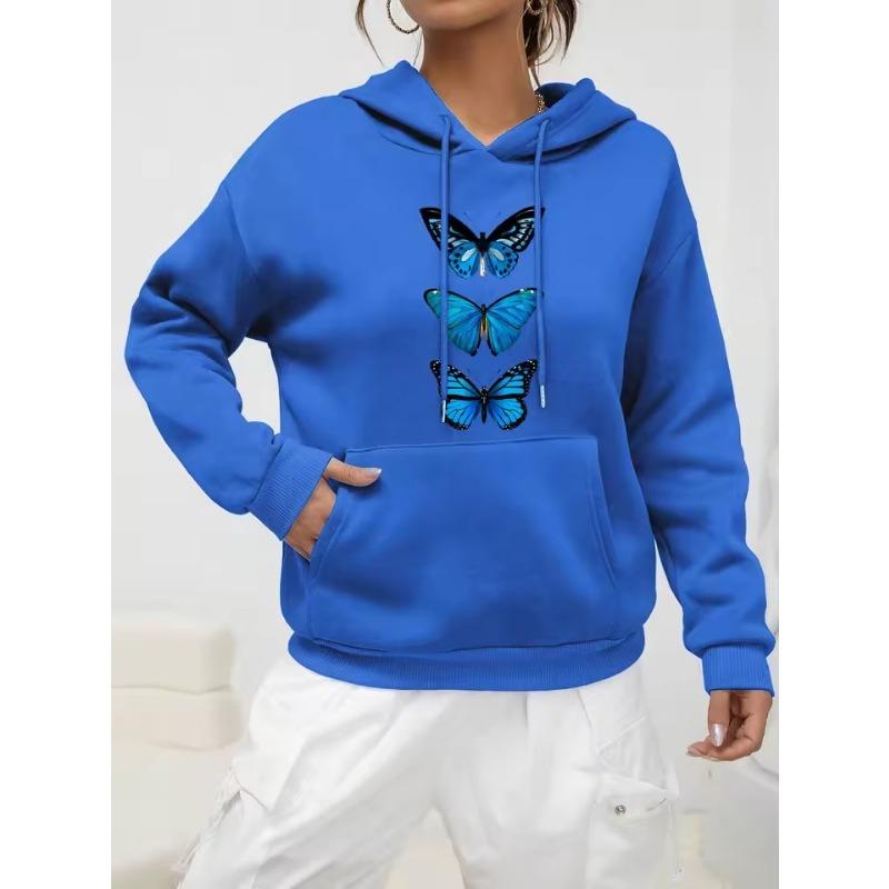 Creative Butterfly Design Print Women Hoodie New Street Casual Sweatshirt Fashion Fleece Hoody Pocket Comfortable Female Tops