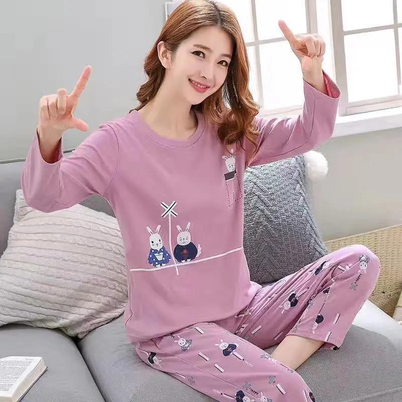 Women Long Sleeve Pajamas Set Cotton Soft Sleepwear Cartoon Cute Women's Pajama Tops and Pants Suit Pullover O Neck Spring Autumn Winter Home Wear