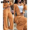 Women's Fashion Spring Autumn Solid Color Print Long Sleeve V-Neck Trousers Pants Suits Casual Suit