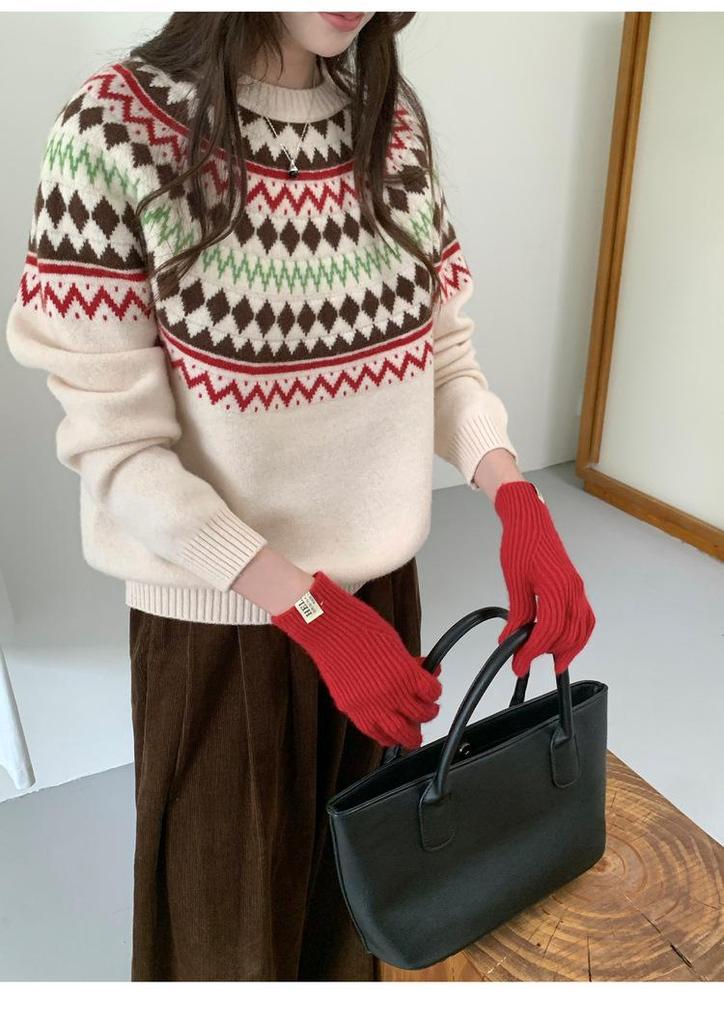 Женский джемпер Fair Isle со круглым вырезом, 100% шерсть - Ретро жаккардовый трикотаж для осени/зимы