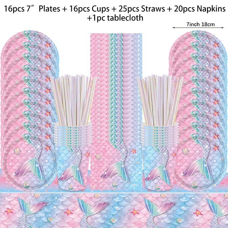 Mermaid Disposable Tableware Gradient Paper Plate Cup Napkin Girls Little Mermaid Birthday Party Decoration Supplies Baby Shower