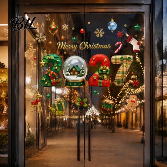 No Glue Window Art Christmas Clings, Static Glass Sticker with Merry Christmas, Elk Gingerbread Removable PVC Clings Man Decals, Non-Adhesive Film for