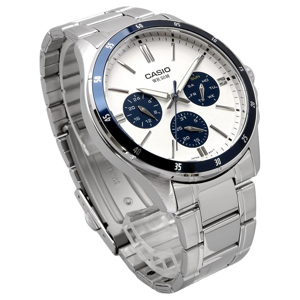 CASIO MTP-1374D-7A2V Standard Men's Quartz Watch, White, Stainless Steel Bracelet, 5 ATM Water Resistance, Date and Day Display