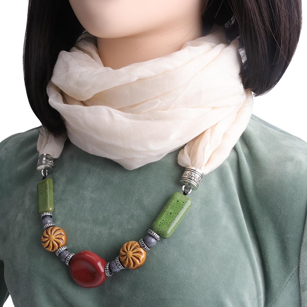 Хлопково-льняной шарф-снуд с подвеской из бусин ручной работы, женский аксессуар 2-в-1 в стиле бохо