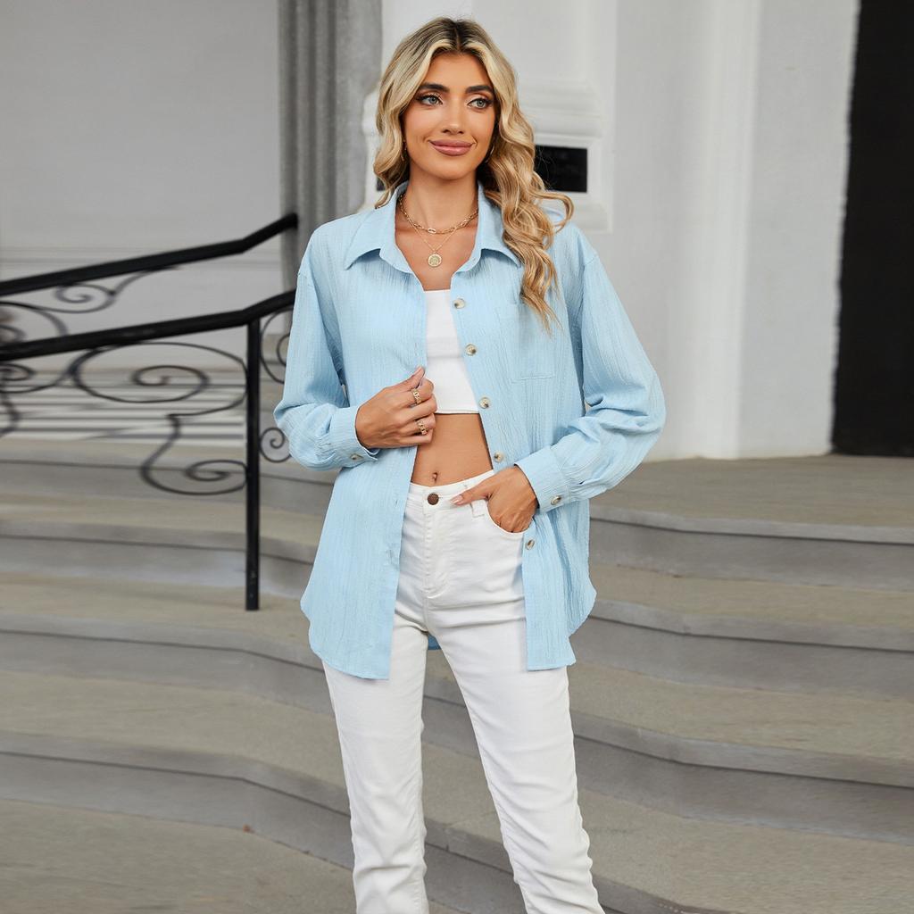 Женские повседневные свободные однотонные рубашки с длинными рукавами и пуговицами с лацканами, топы