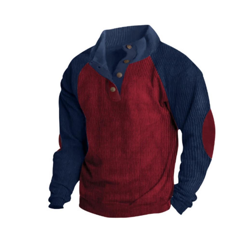 Мужская винтажная вельветовая толстовка с цветными блоками и воротником-стойкой на полпуговицы, зимние и осенние топы с длинным рукавом