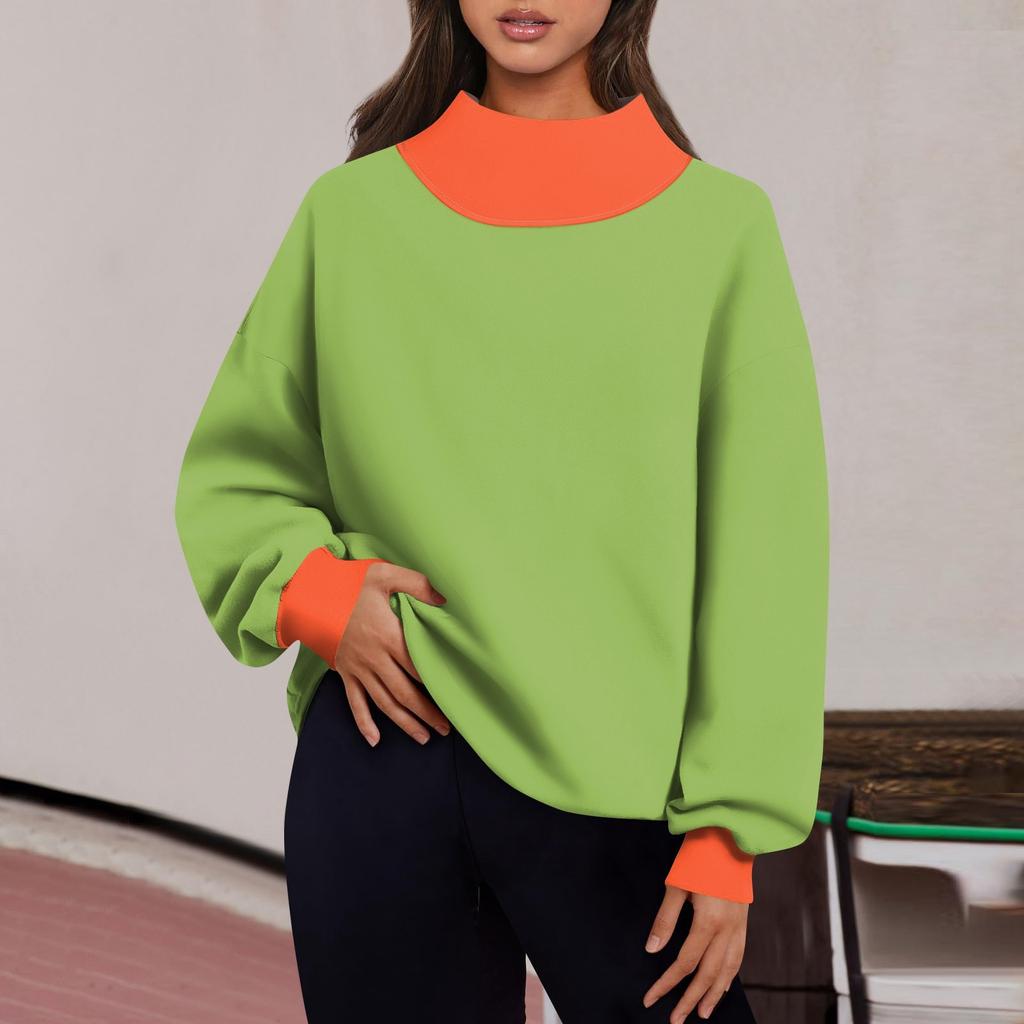 Женская мода с длинным рукавом и цветными блоками, свободная водолазка с разрезом и половиной водолазки, топ
