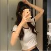 Women's Color Block Trim Crop Top, Cotton Slim Fit Short Sleeve T-Shirt