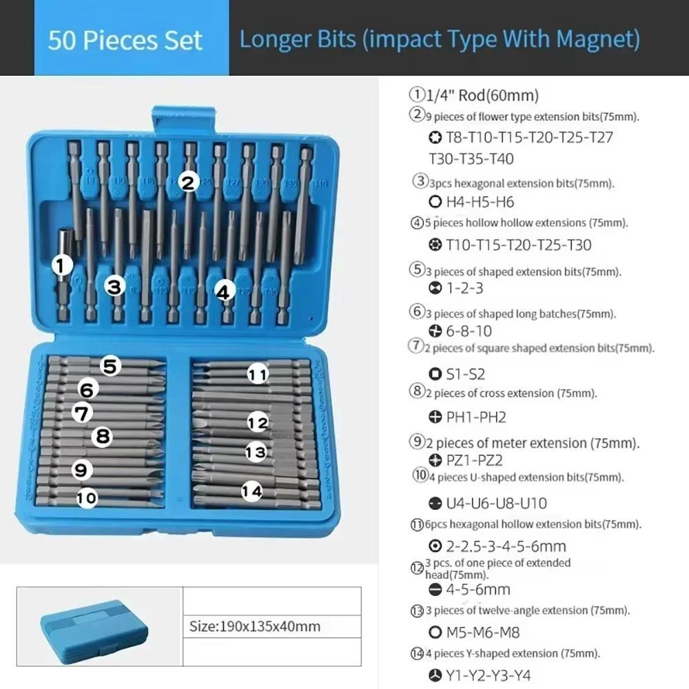 50/36Pcs 1/4 Head Long Screwdriver Bit Set Extra Long Torx Star Hex Spline Bit