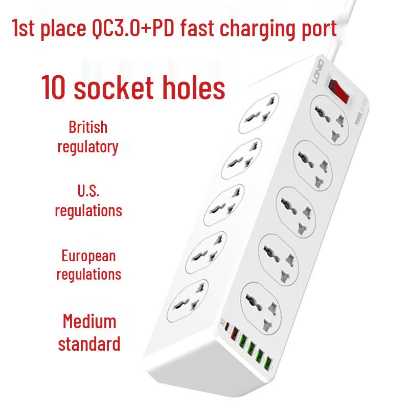 LDNIO SC10610 Multifunctional Power Strip with 10 Outlets PD+QC3.0 Fast Charging Ports for Mobile Phones and Tablets