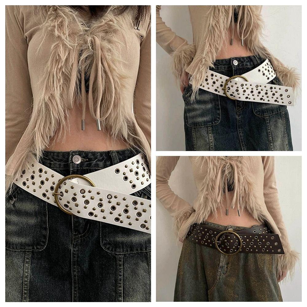 Y2K широкий пояс с заклепками из искусственной кожи ремень ретро-платье для ковбойши