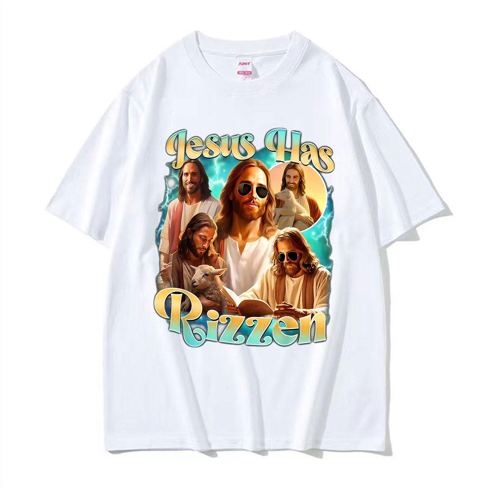 Jesus Has Rizzen He Ls Rizzin Funny Christian Religious Tee Shirt Men Women Summer Tshirt Vintage Oversized T Shirt Streetwear