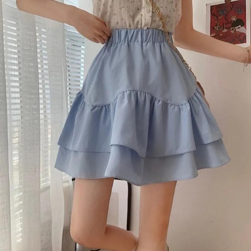 Skirts for Women Ruffled A-line Skirt Female Summer Thin Tutu Skirts Solid Color Preppy Style Elastic High Waist Casual Skirt