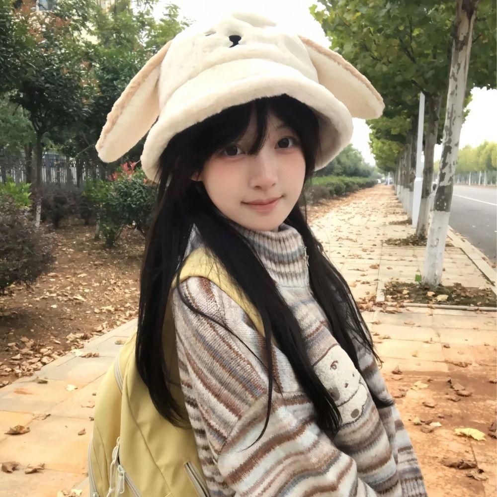 Korean Doggie Ear Bucket Hat Warm Women Plush Hats Cute Oversized Puppy Hat  Girls