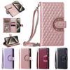 Luxury Glitter Powder Zipper Wallet Case with Card Slots for iPhone Samsung Xiaomi Redmi Google OPPO Long Strap + Short Strap Flip Leather Phone Bag