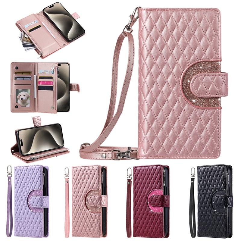 Luxury Glitter Powder Zipper Wallet Case with Card Slots for iPhone Samsung Xiaomi Redmi Google OPPO Long Strap + Short Strap Flip Leather Phone Bag