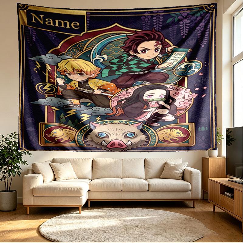 Custom Name Personalized Demon Slayer Print Tapestry, Wall Art Decor, Bedroom, Dorm, Apartment, LivingRoom, Party Backdrop, Gift for Birthday