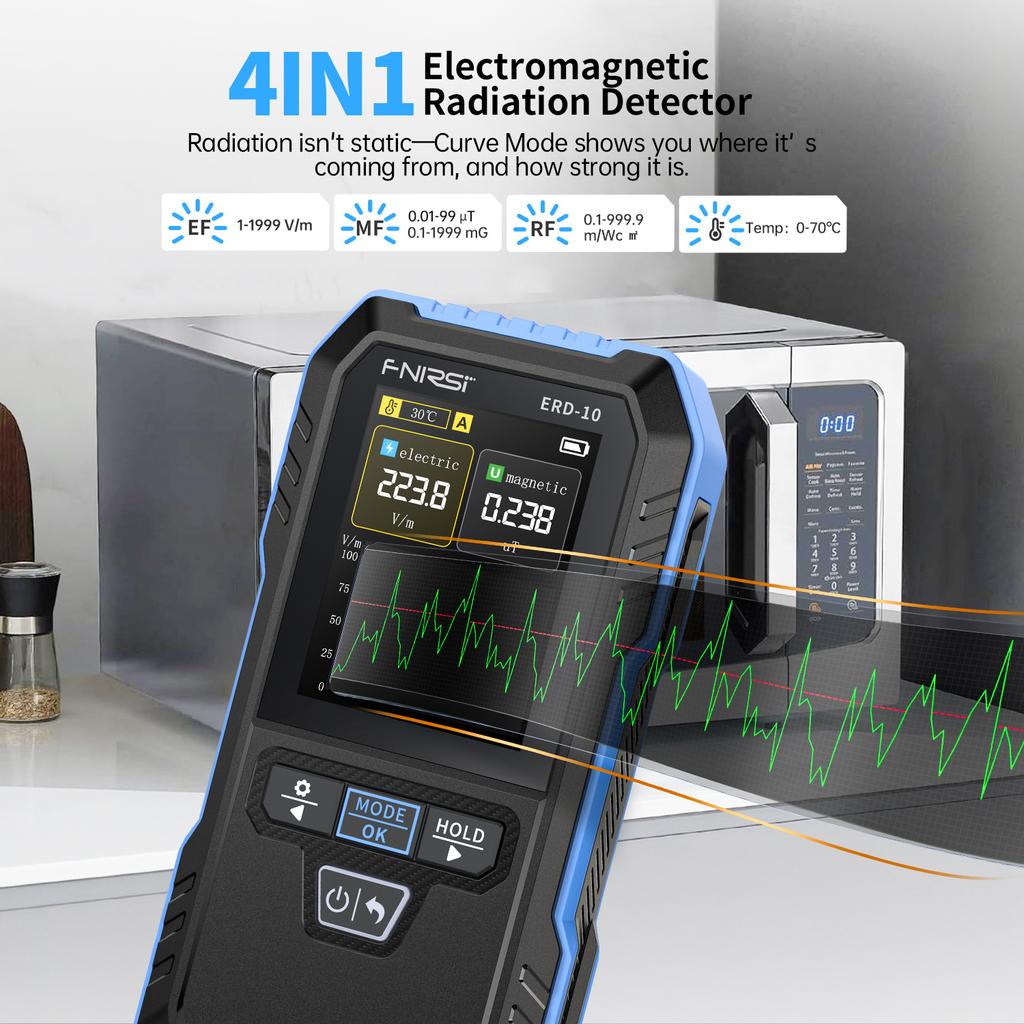 2026 Многофункциональный EMF-метр 4-в-1 Измеритель напряженности электрического и магнитного полей Мощность РЧ Температура Дисплей Зарядка через USB-C Детектор электромагнитного излучения