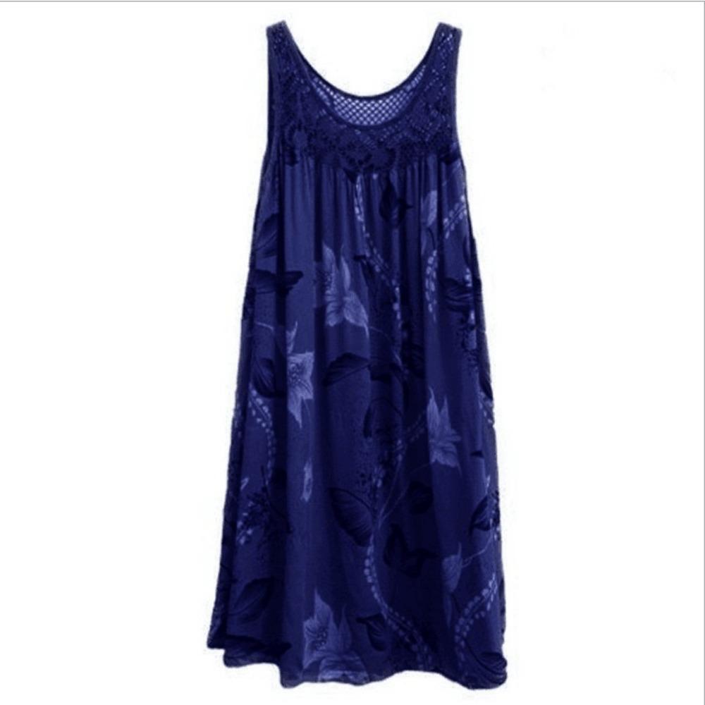 Плюс размер Цветочный принт кружева строчка О-образный вырез без рукавов Женское летнее свободное платье-майка