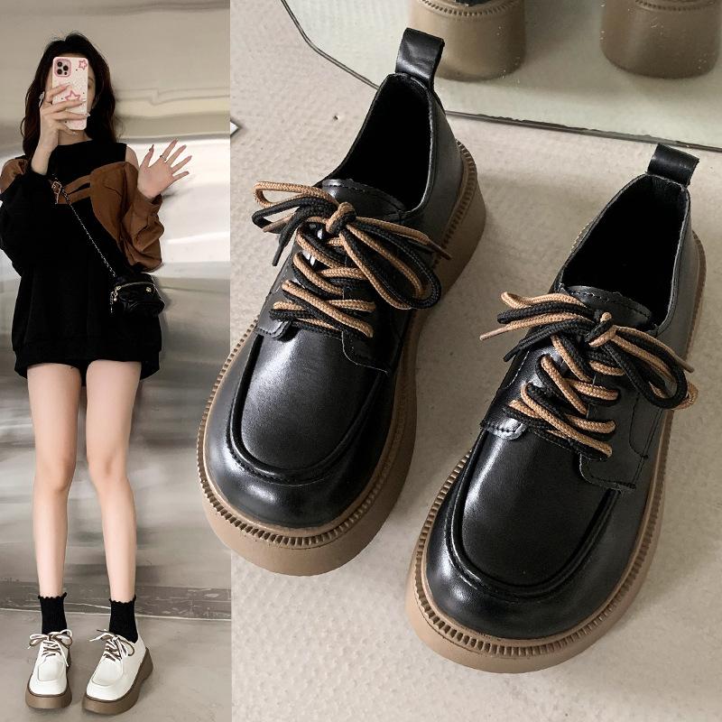 Loafers Autumn and Winter 2024 New British Style Platform Lace-up Round Head Small Leather Shoes Retro Versatile Fashion Single Shoes