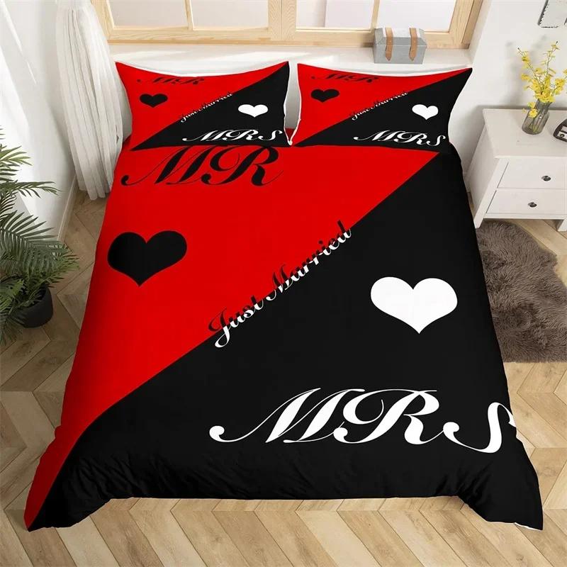 Комплект постельного белья Mr Mrs из микрофибры с романтическим свадебным мотивом, пододеяльник King на День святого Валентина, забавные цитаты, сердечки, пододеяльник