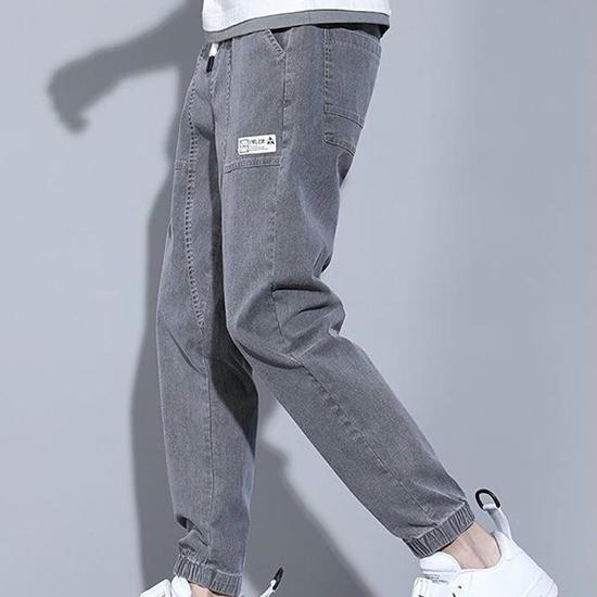 Джинсы мужские корейские весенне-летние свободные облегающие брюки с переплетной этикеткой, повседневные модные трендовые укороченные брюки