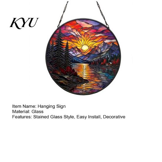 Retro Style Wall Decoration Stained Glass Suncatcher, Mountain Sunset Landscape Window Hanging Ornament, Colorful Modern Interior Decor Sun