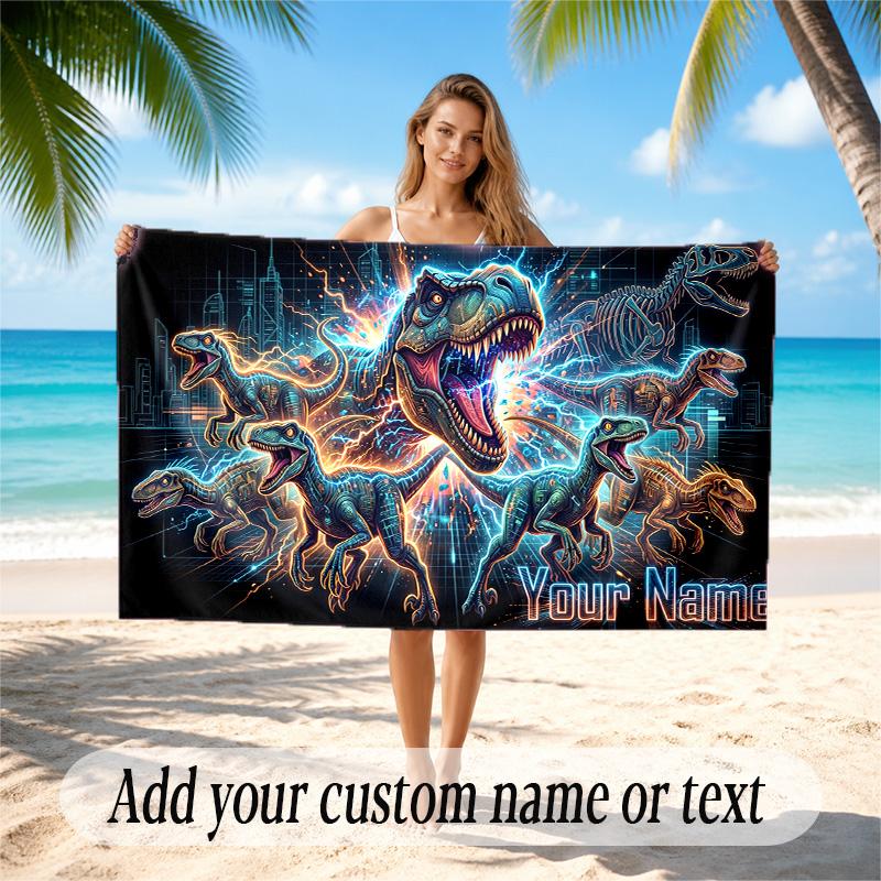 Dinosaur Theme Quick Dry Beach Towel Custom Name Text Print Large Sand Resistant Towel Beach Vacation