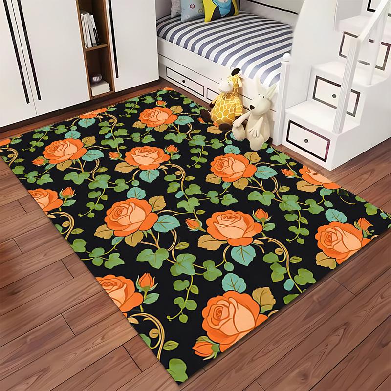 Floral Carpet with Orange Roses and Green Leaves on Black Background Suitable for use as an anti-slip for living room bedroom sofas