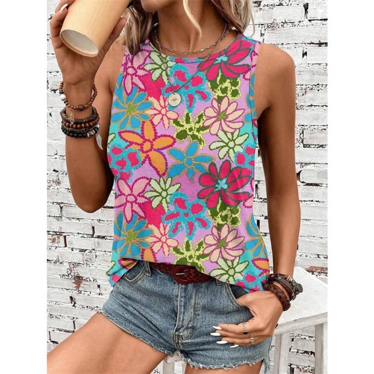 Flower Pattern 3D Print Women's Tank Tops Summer O-Neck Casual Vest Off Shoulder Sleeveless Top