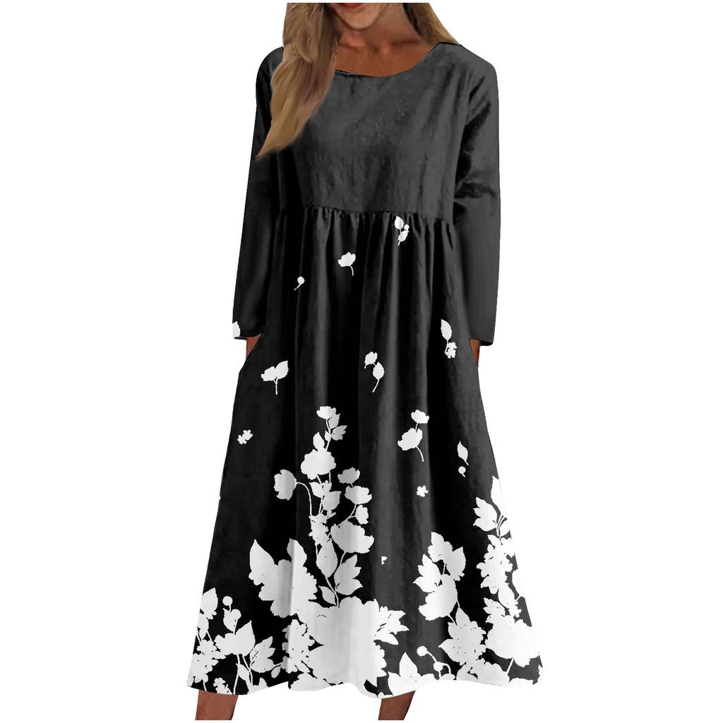 Женское повседневное платье средней длины с круглым вырезом и принтом, карманное платье с длинными рукавами