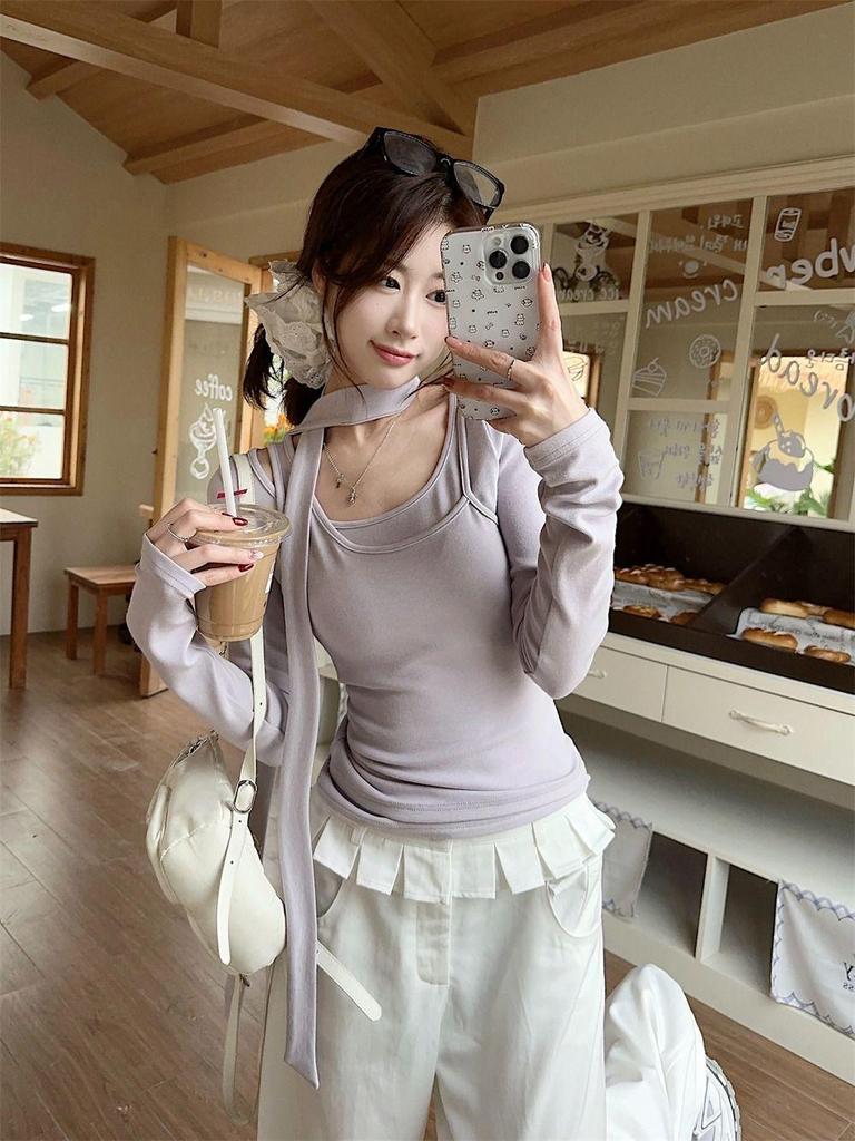 Женская весенняя ветрозащитная футболка с длинными рукавами и лентой, состоящая из двух частей