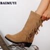 Fringe Women Snow High Boots High Heels Shoes 2025 Trend Suede Chunky Zipper Mid-calf Chelsea Boots Casual Pumps Mujer Botas